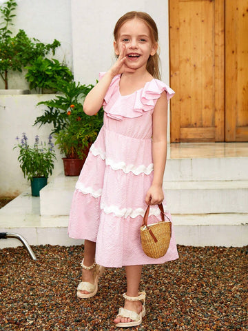 Young Girls Contrast Tape Ruffle Trim Dress For Summer Vacation