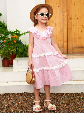 Young Girls Contrast Tape Ruffle Trim Dress For Summer Vacation