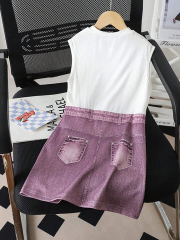 Young Girl's Cool Fashion Irregular Denim-Printed 2 In 1 Dress