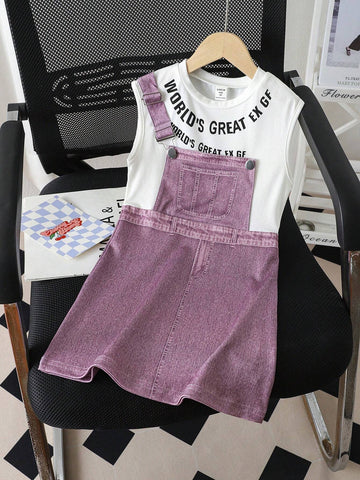 Young Girl's Cool Fashion Irregular Denim-Printed 2 In 1 Dress