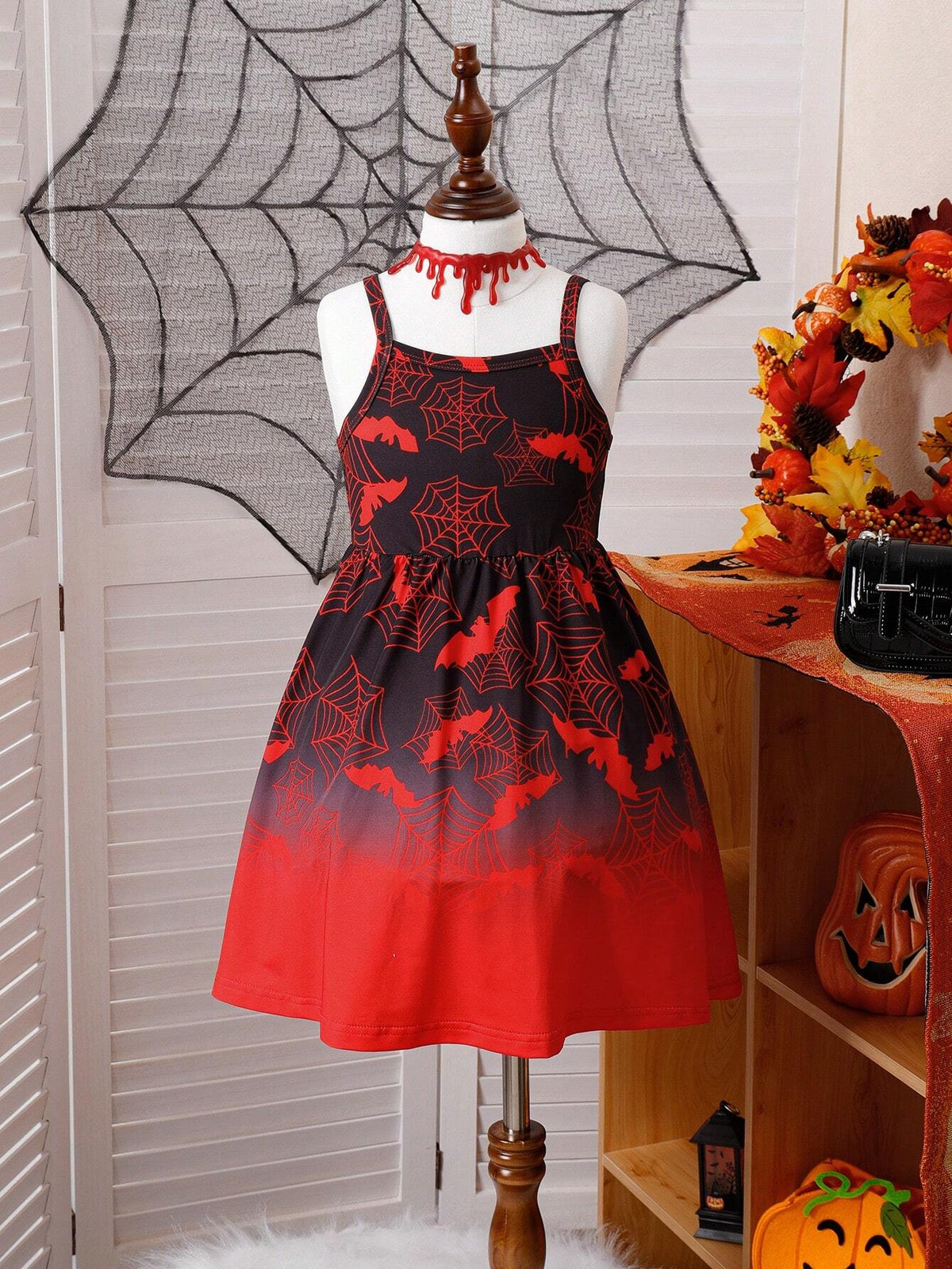 Young Girls' Cool Halloween Bat Printed Long Sleeve Dress