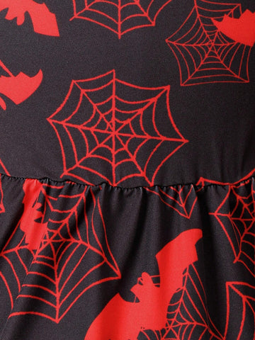 Young Girls' Cool Halloween Bat Printed Long Sleeve Dress