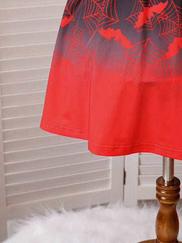 Young Girls' Cool Halloween Bat Printed Long Sleeve Dress