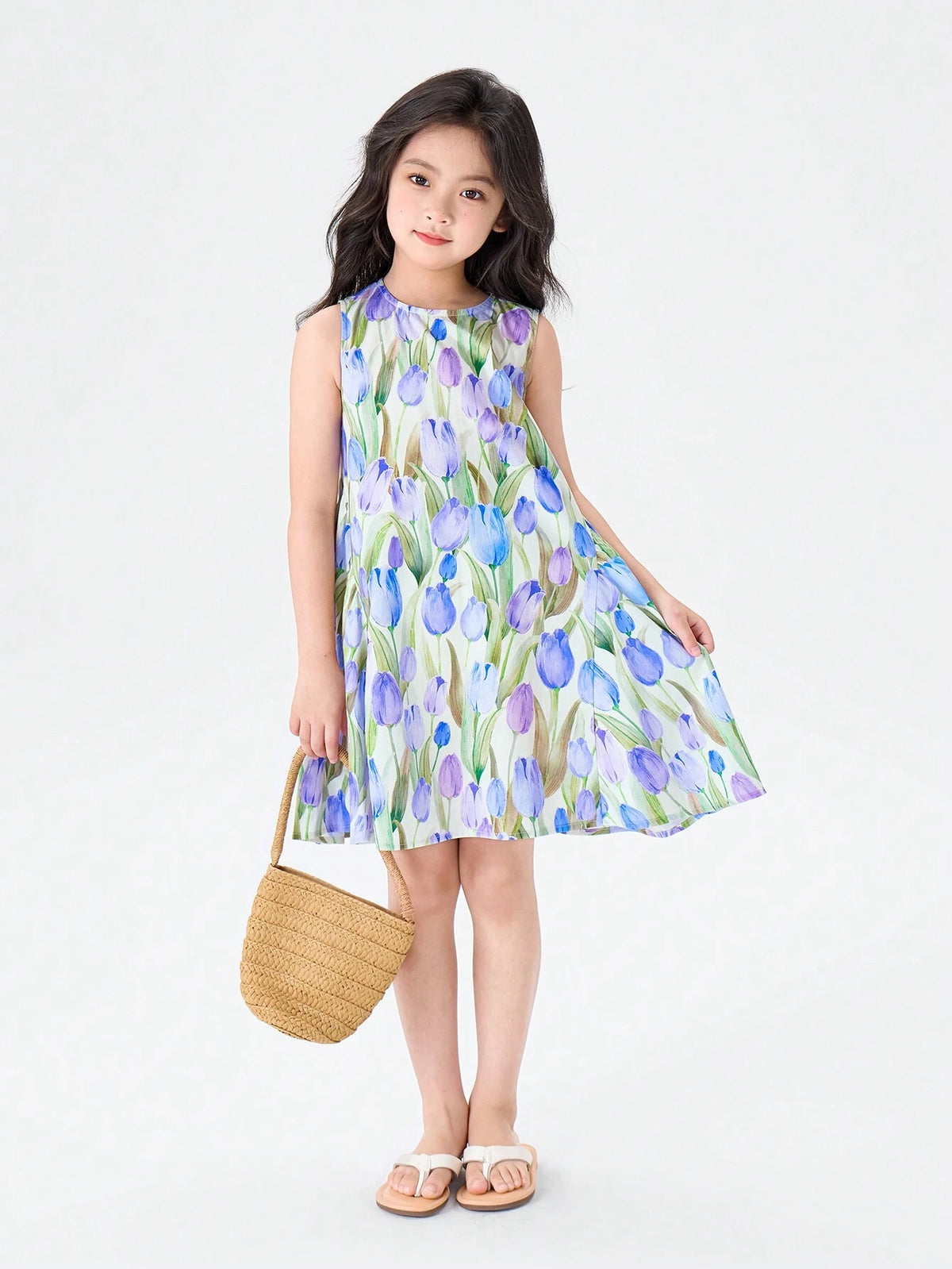 Young Girl's Cotton Honeysuckle Oil Painting Style Sleeveless Dress, 2024 New Summer Princess Dress For Girls