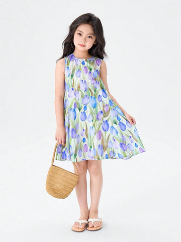 Young Girl's Cotton Honeysuckle Oil Painting Style Sleeveless Dress, 2024 New Summer Princess Dress For Girls