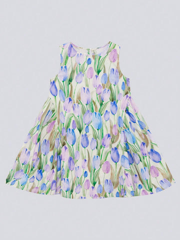 Young Girl's Cotton Honeysuckle Oil Painting Style Sleeveless Dress, 2024 New Summer Princess Dress For Girls