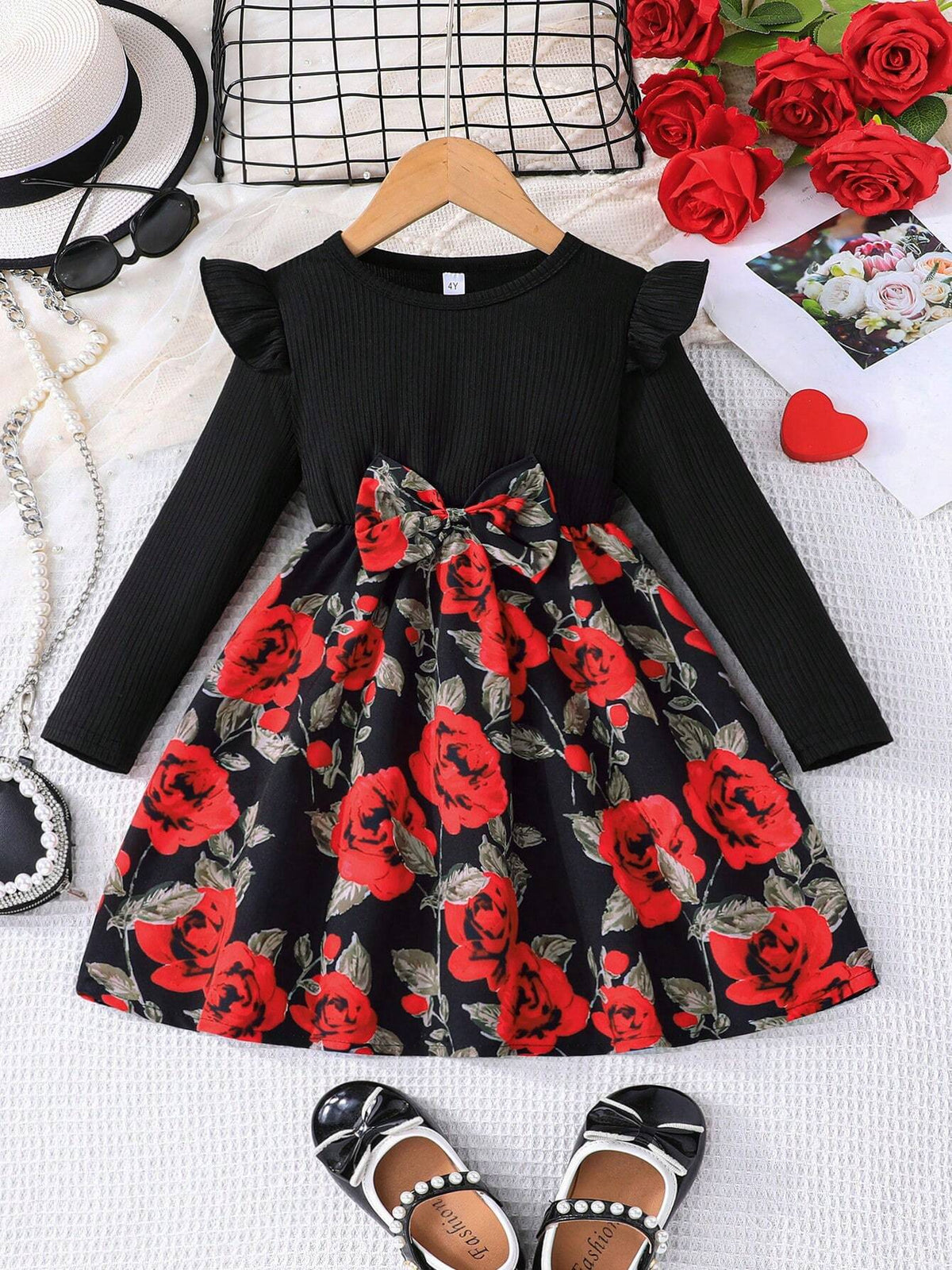 Young Girls Crew Neck Long Sleeve Cap Sleeve Waist Bow Ditsy Floral Cute Fluffy Princess Dress, Elegant , Autumn/Winter