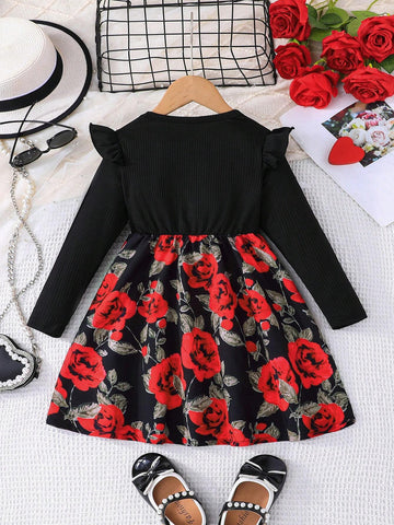 Young Girls Crew Neck Long Sleeve Cap Sleeve Waist Bow Ditsy Floral Cute Fluffy Princess Dress, Elegant , Autumn/Winter