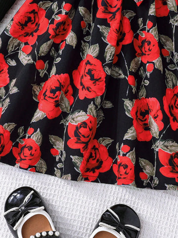 Young Girls Crew Neck Long Sleeve Cap Sleeve Waist Bow Ditsy Floral Cute Fluffy Princess Dress, Elegant , Autumn/Winter