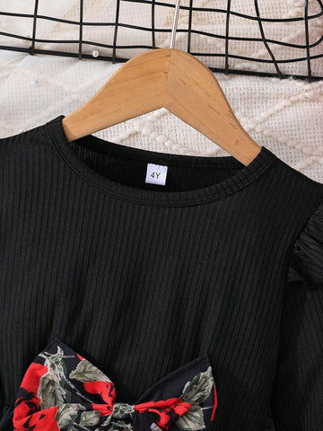 Young Girls Crew Neck Long Sleeve Cap Sleeve Waist Bow Ditsy Floral Cute Fluffy Princess Dress, Elegant , Autumn/Winter