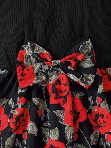 Young Girls Crew Neck Long Sleeve Cap Sleeve Waist Bow Ditsy Floral Cute Fluffy Princess Dress, Elegant , Autumn/Winter
