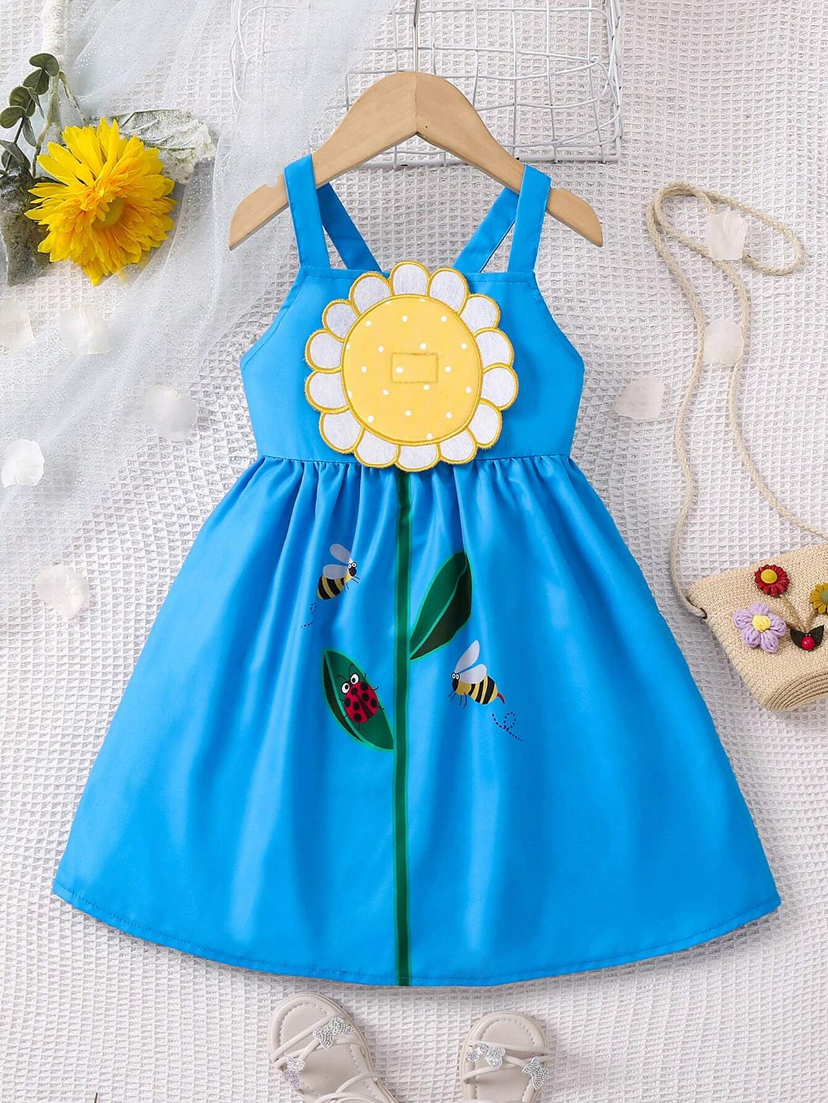 Young Girl's Cute 3d Sunflower Cartoon Printed Sundress With Shoulder Straps For Spring And Summer