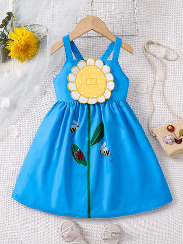Young Girl's Cute 3d Sunflower Cartoon Printed Sundress With Shoulder Straps For Spring And Summer