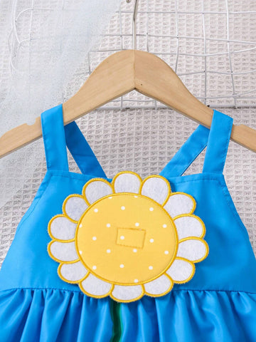 Young Girl's Cute 3d Sunflower Cartoon Printed Sundress With Shoulder Straps For Spring And Summer