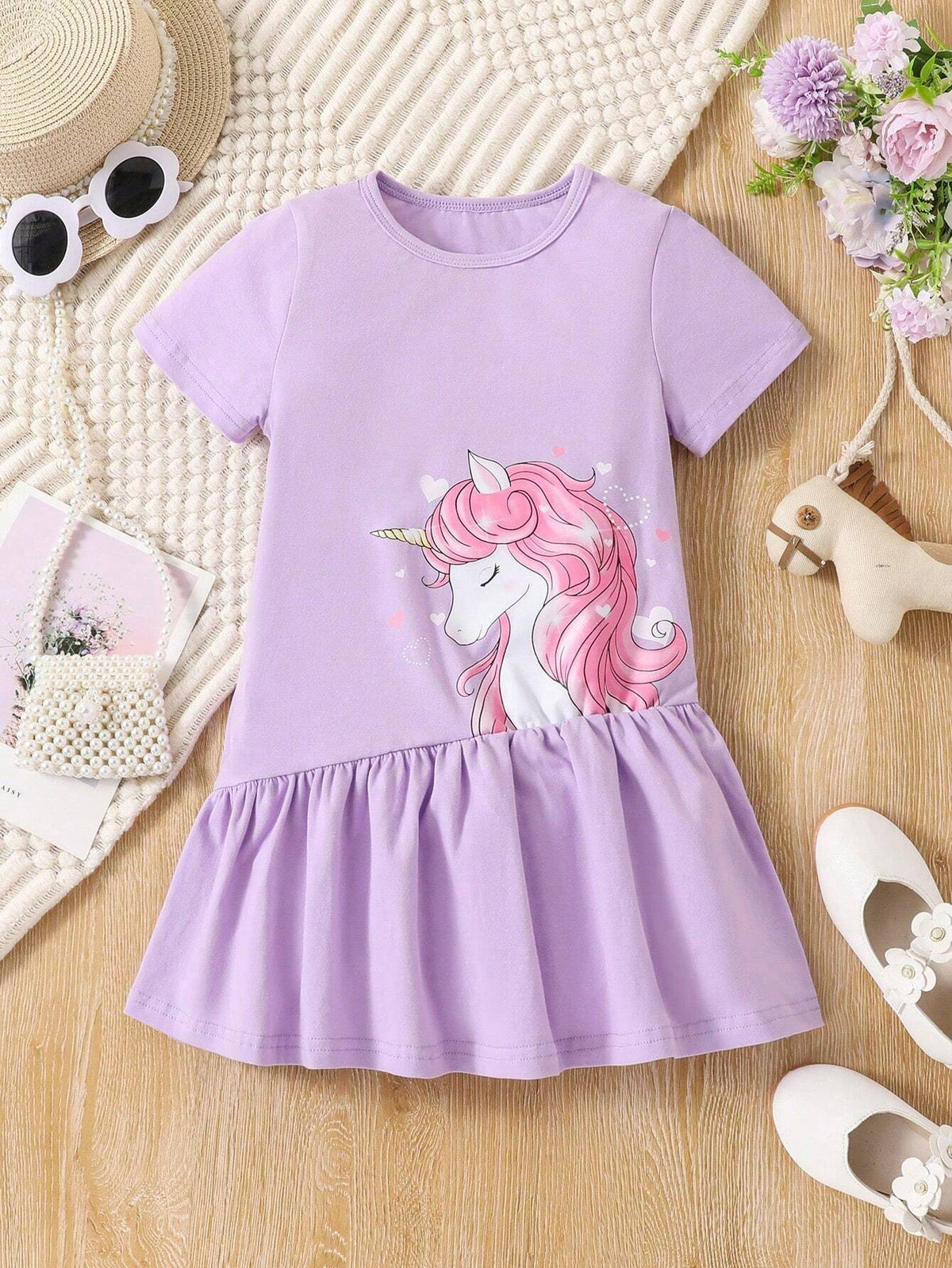 Young Girls' Cute And Casual Unicorn Printed Knitted Round Neck Short Sleeve Irregular Dress Dress With Pleated Hem, Spring/Summer