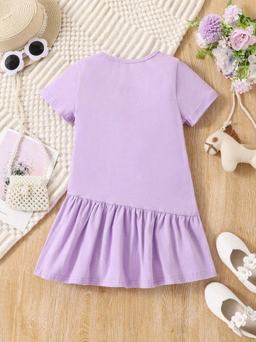 Young Girls' Cute And Casual Unicorn Printed Knitted Round Neck Short Sleeve Irregular Dress Dress With Pleated Hem, Spring/Summer