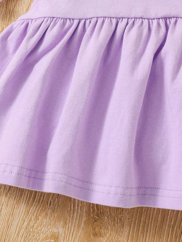Young Girls' Cute And Casual Unicorn Printed Knitted Round Neck Short Sleeve Irregular Dress Dress With Pleated Hem, Spring/Summer