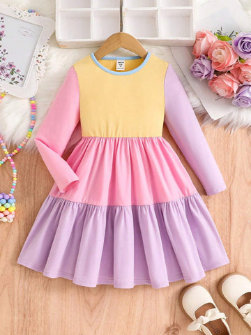 Young Girl's Cute And Comfortable Knitted Color-Block Long-Sleeve Round Neck Holiday Dress ,Autumn And Winter