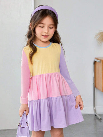 Young Girl's Cute And Comfortable Knitted Color-Block Long-Sleeve Round Neck Holiday Dress ,Autumn And Winter