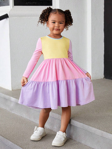 Young Girl's Cute And Comfortable Knitted Color-Block Long-Sleeve Round Neck Holiday Dress ,Autumn And Winter