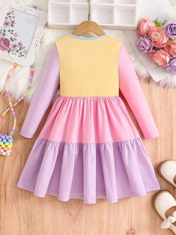 Young Girl's Cute And Comfortable Knitted Color-Block Long-Sleeve Round Neck Holiday Dress ,Autumn And Winter