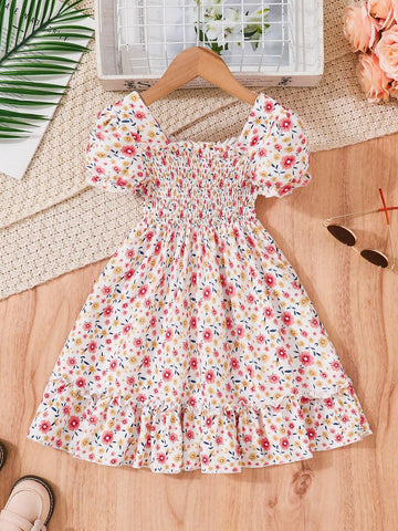 Young Girls Cute And Sweet Floral Bubble Sleeve Design Grasp Waist Dress, Spring And Summer Style