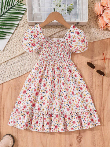 Young Girls Cute And Sweet Floral Bubble Sleeve Design Grasp Waist Dress, Spring And Summer Style