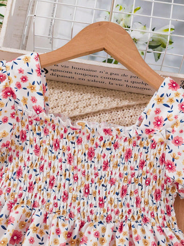 Young Girls Cute And Sweet Floral Bubble Sleeve Design Grasp Waist Dress, Spring And Summer Style
