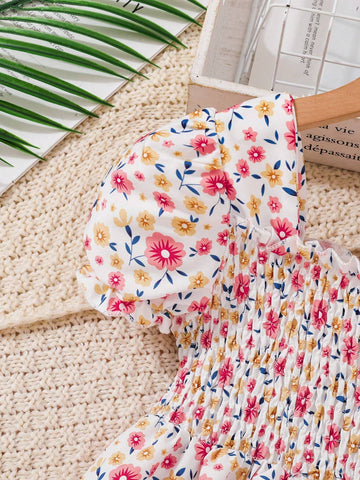 Young Girls Cute And Sweet Floral Bubble Sleeve Design Grasp Waist Dress, Spring And Summer Style