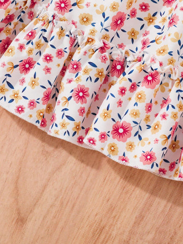 Young Girls Cute And Sweet Floral Bubble Sleeve Design Grasp Waist Dress, Spring And Summer Style