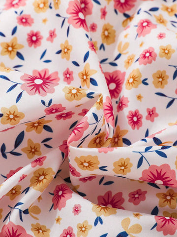 Young Girls Cute And Sweet Floral Bubble Sleeve Design Grasp Waist Dress, Spring And Summer Style