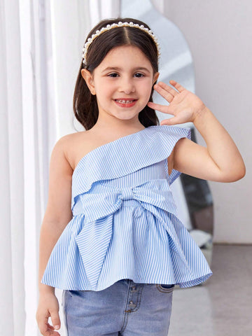 Young Girls' Cute Asymmetrical Striped One-Shoulder Blouse With Large Bow Embellishment