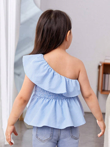 Young Girls' Cute Asymmetrical Striped One-Shoulder Blouse With Large Bow Embellishment