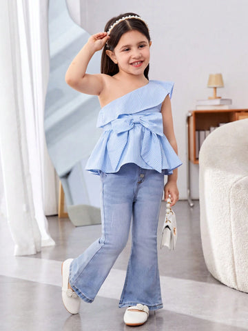 Young Girls' Cute Asymmetrical Striped One-Shoulder Blouse With Large Bow Embellishment
