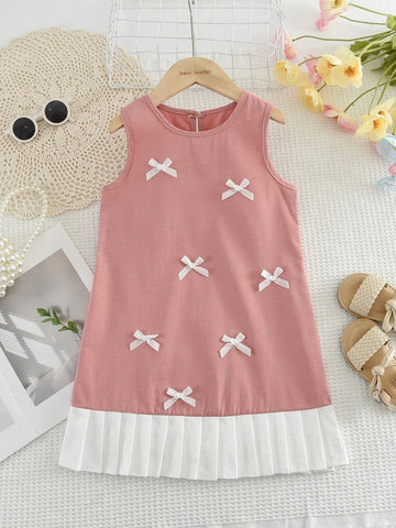 Young Girls Cute Bow Woven Fabric Dress For Summer