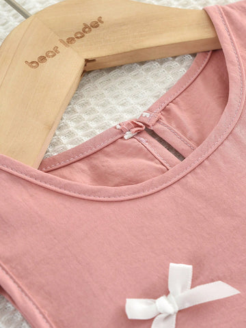 Young Girls Cute Bow Woven Fabric Dress For Summer