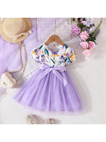 Young Girls' Cute Bubble Sleeve Dress With Ruffle Hem, Flower Print Net Patchwork, Including Waistband, Summer