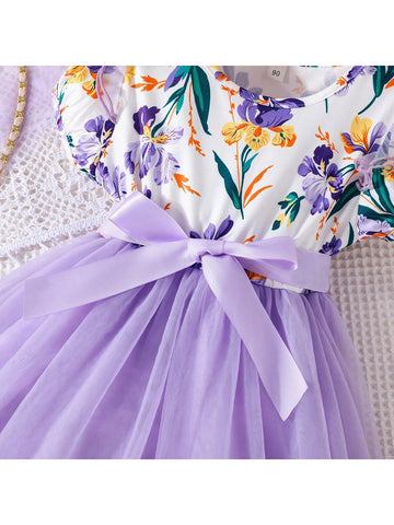 Young Girls' Cute Bubble Sleeve Dress With Ruffle Hem, Flower Print Net Patchwork, Including Waistband, Summer