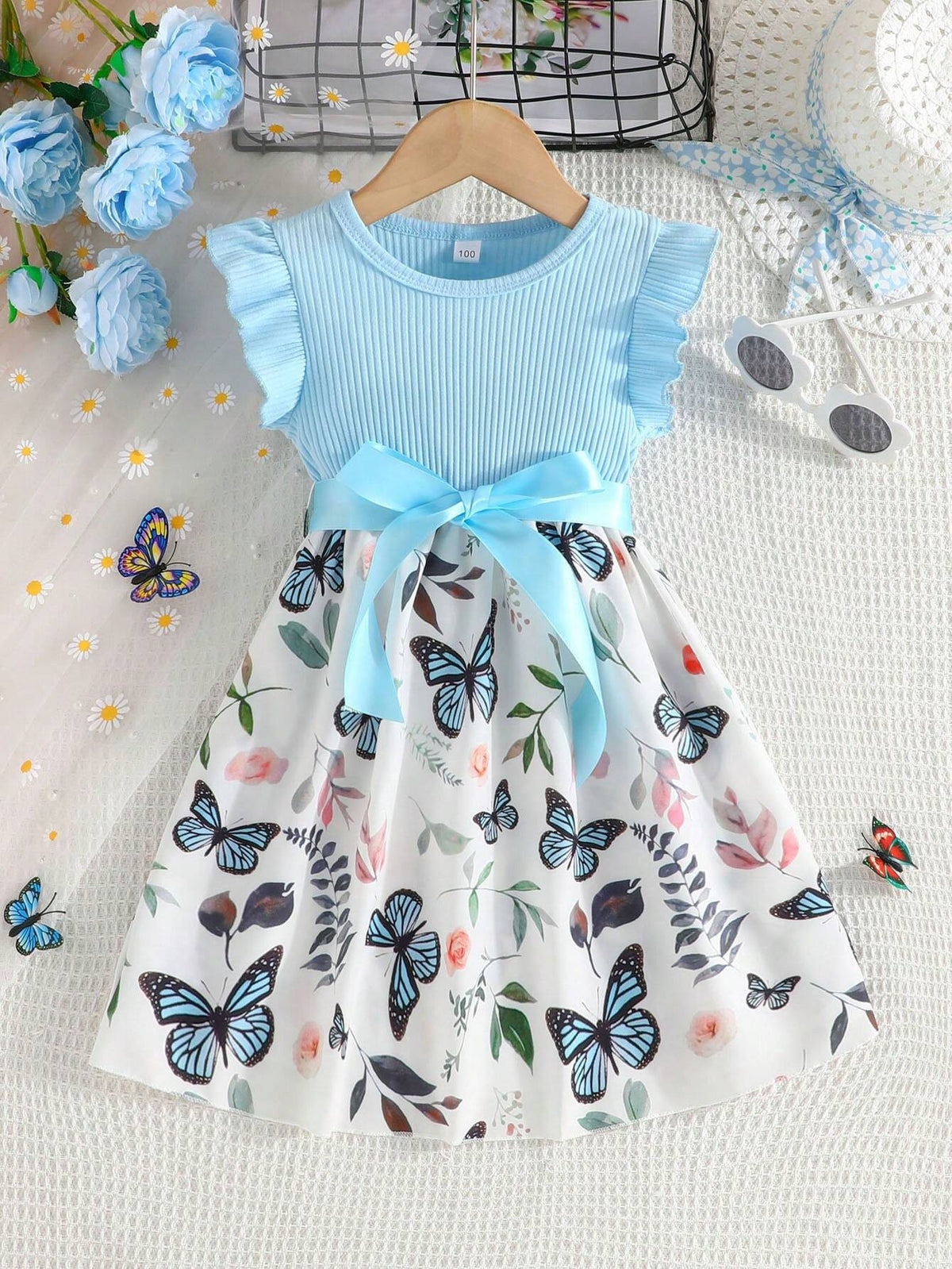 Young Girls' Cute Butterfly Pattern Splicing Dress With Flutter Sleeves And Strap Design For Summer