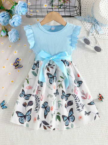 Young Girls' Cute Butterfly Pattern Splicing Dress With Flutter Sleeves And Strap Design For Summer
