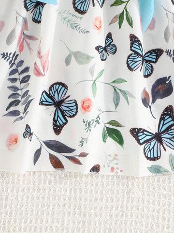 Young Girls' Cute Butterfly Pattern Splicing Dress With Flutter Sleeves And Strap Design For Summer