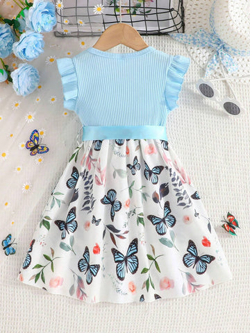 Young Girls' Cute Butterfly Pattern Splicing Dress With Flutter Sleeves And Strap Design For Summer