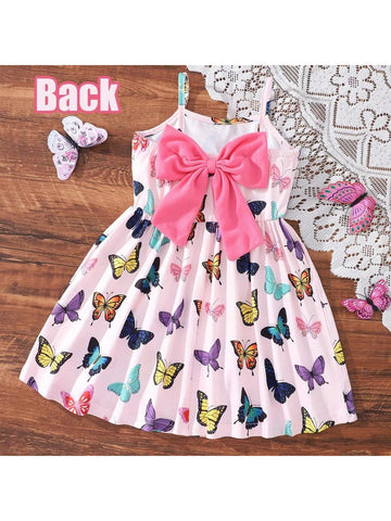 Young Girls' Cute Butterfly Printed Backless Neckline Dress With Decorations, Summer Holiday