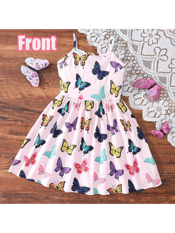 Young Girls' Cute Butterfly Printed Backless Neckline Dress With Decorations, Summer Holiday