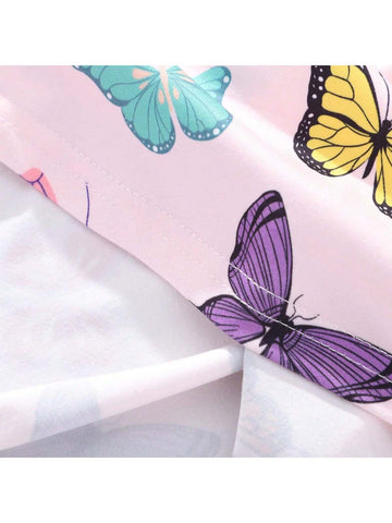 Young Girls' Cute Butterfly Printed Backless Neckline Dress With Decorations, Summer Holiday