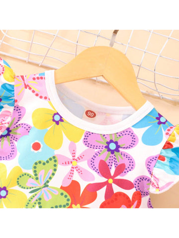 Young Girls' Cute Butterfly Printed Flare Sleeve A-Line Dress With Empire Waist For Summer