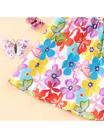 Young Girls' Cute Butterfly Printed Flare Sleeve A-Line Dress With Empire Waist For Summer