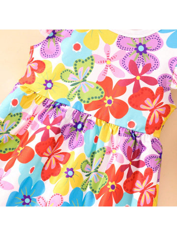 Young Girls' Cute Butterfly Printed Flare Sleeve A-Line Dress With Empire Waist For Summer