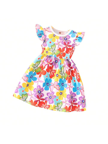 Young Girls' Cute Butterfly Printed Flare Sleeve A-Line Dress With Empire Waist For Summer