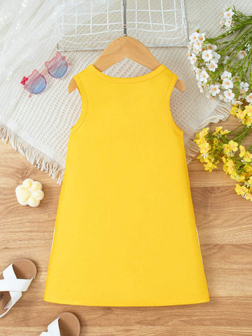 Young Girls Cute Cartoon Cat & Bow Print Sleeveless Casual Dress